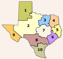 Graphic showing the map of Texas divided into 10 regions